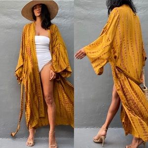 New MUSTARD & CRAN Boho Tie Dye Kimono Maxi Beach open front long COVERUP